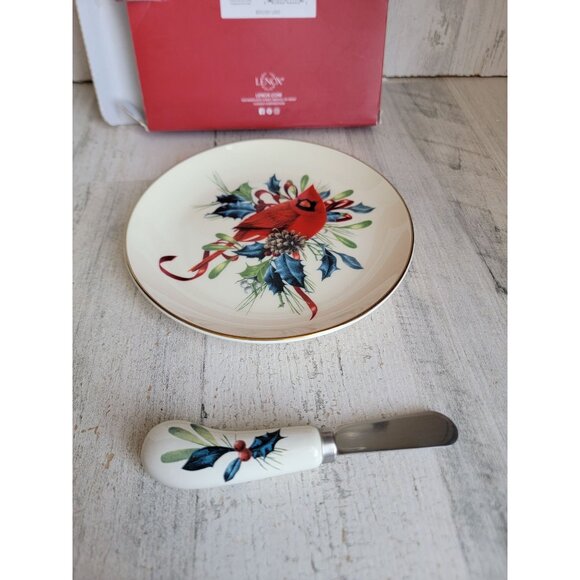 Lenox winter greetings cheese plate‎ Knife red cardinal Xmas set - Picture 2 of 6